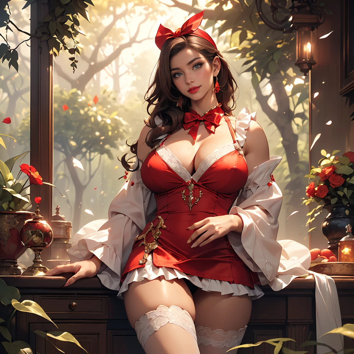 (((1 woman in frame), Pretty Caucasian (female), Sarah Shahi, a slim but muscular body, huge breasts)), ((bright red lipstick)), ((seductive smile)) ((big bright blue eyes looking towards the viewer)) ((short tied dark brown hair)), Ultra realistic 8K, flawless, tall,(Red Lip, Heavy makeup), Earring、running behind butterflies、Nikon Z 85mm, ((Best Quality)) ,((masterpiece)), intricate details, Extremely delicate and beautiful, ((snow white costume:1.6, ((wearing The satin dress features a gathered yellow micro mini skirt(ultra mini dress, very very very very very short dress exposing panties)、(puffed sleeves with ruffled trim)、(metallic character filigree on the bodice)、(A red satin headband with bow)、((beautifull exposed long thighs))、)):1.0、detailed two hands and fingers、Full body shot:1.2、Sexy look、NSFW:1.0, (forest background, evening)、((view from front))、