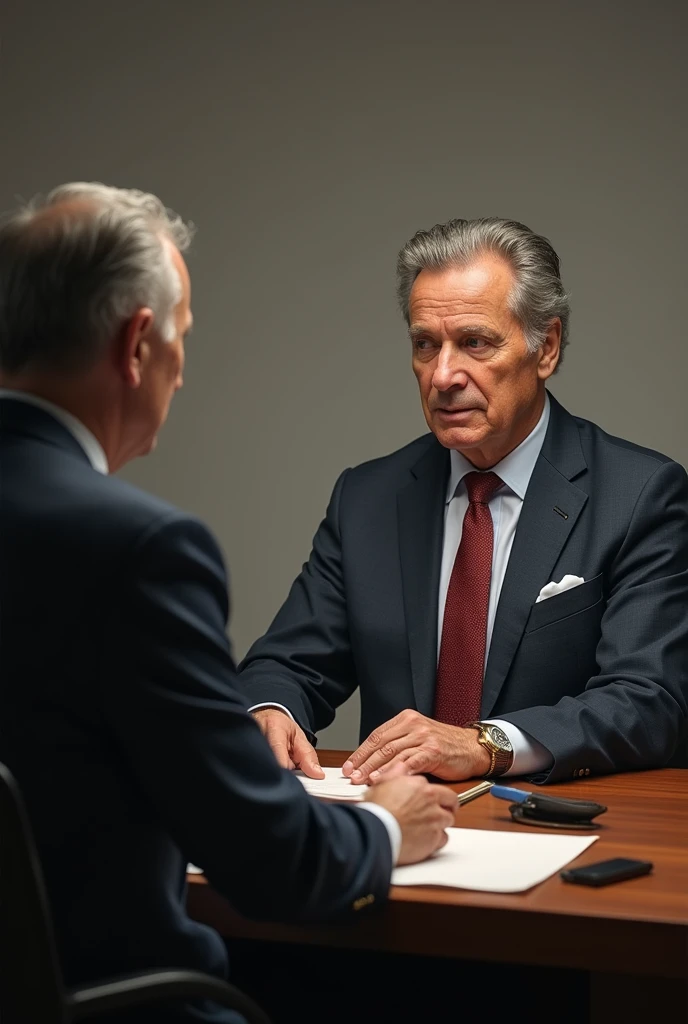 Generates image of an interview of two gentlemen with the name of Juan Gabriel Sánchez 