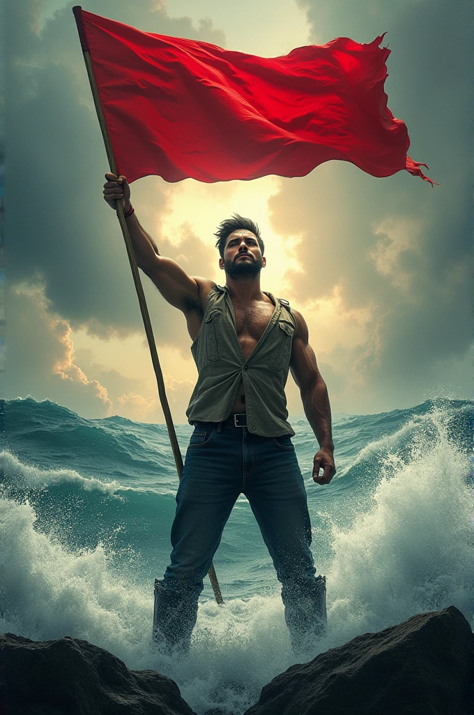 Man with left arm raised, Closed fist, holding a red flag in his right hand, In the background, rough sea and stormy sky