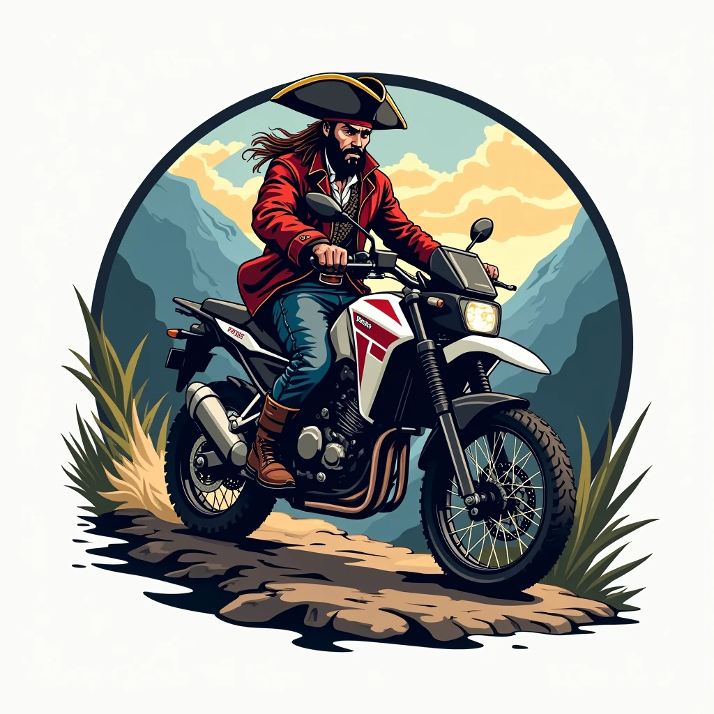 ((Logo vector con borde blanco)), ((Honda NC750X 2016 model year)) , ((trail bike with panniers)), ((pirate riding a motorcycle)), (((crear un Logo vectorizado con borde blanco de un pirata manejando una honda TRAIL))), fondo montañas a close up of a person riding a dirt bike on a mountain, adventurous, Logotipo deportivo, Estilo de Logotipo vectorizado, Logo vector art, adventure, Diseño de concepto de Logotipo, travel and adventure, riding, new adventure, Diseño de Logo, by Daniel Schultz, trail of light, arte del Logotipo, simple and clean illustration, Extreme sports, Logo, Logo