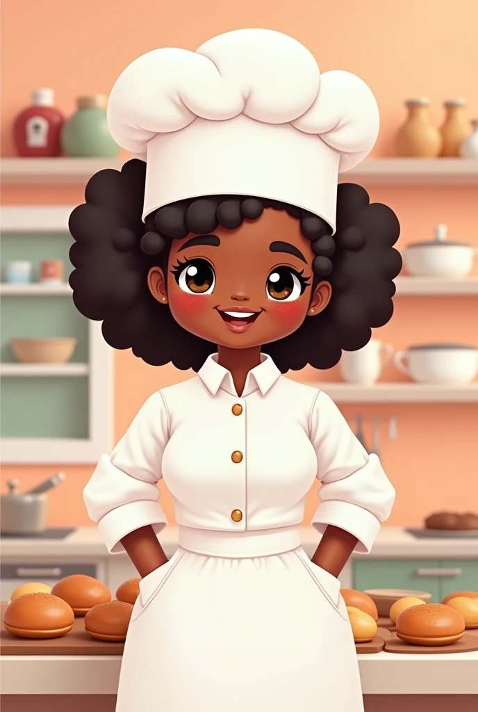 Chibi drawing of a black woman baker wearing a white outfit 