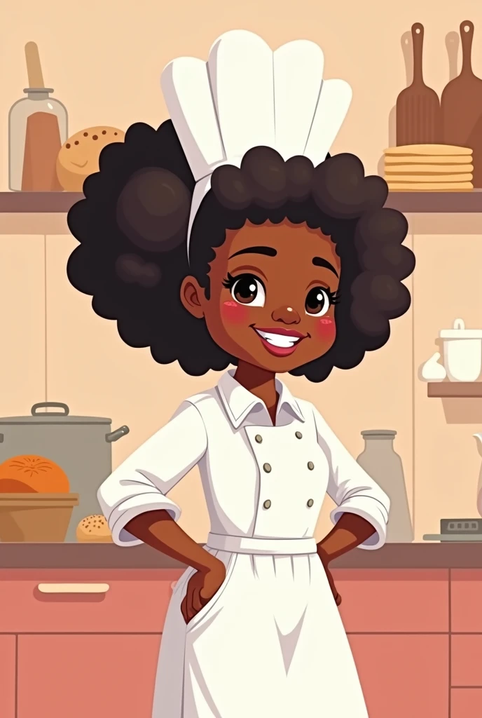 Chibi drawing of a black woman baker wearing a white outfit