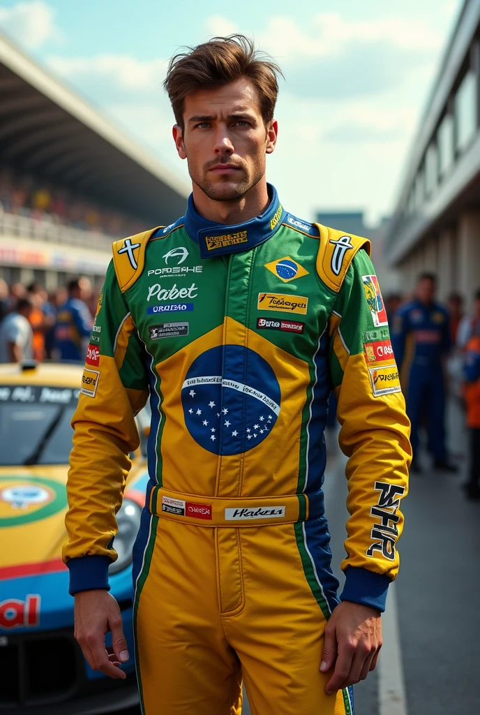 (Photorealism:1.2), Porsche Cup male driver with brown hair and eyes in front of the pitlane 8k ultra realistic write in The suits with Brazil flag