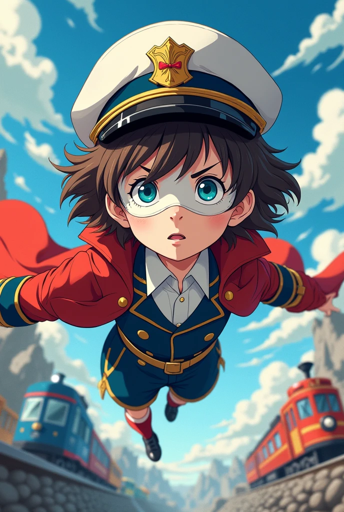 style affiche manga animés japonais jeune garçon habillé d’un costume de Monsieur loyal avec un visage entièrement masqué par un casque blanc et une casquette d’amiral comme chapeau ou on voit c’est yeux bleu c’est cheveux forme des grandes boucles brun, le garçon volant dans un monde où on voit des trains voyagent entre des dimensions