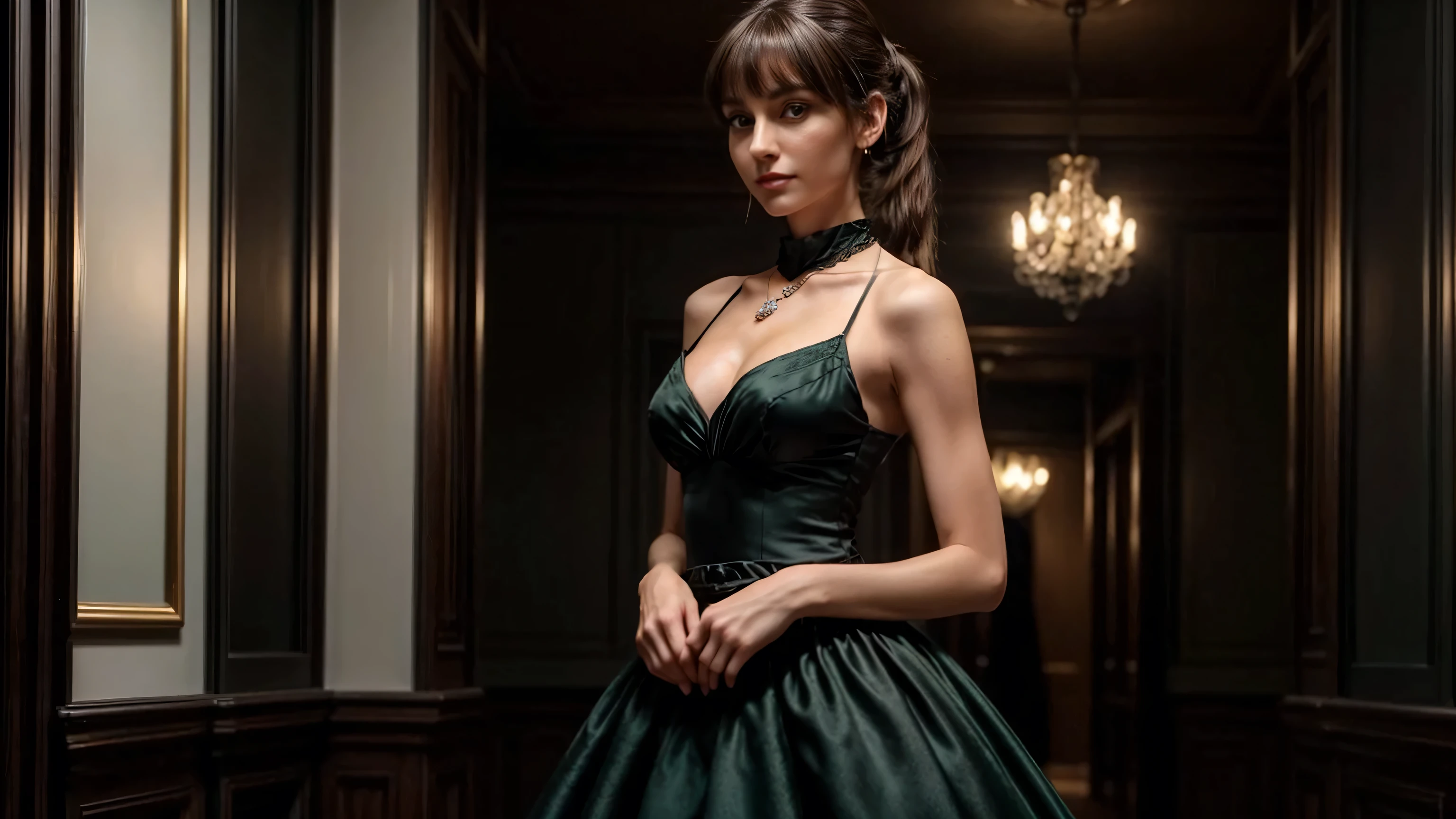 1 person, Caucasian female, 30 years old, slim waist, very tiny breasts, medium thighs, small stomach, beautiful black ball gown, Brunette, ponytail with split bangs, detailed face:1.5, diamond necklace, dark green eyes, elegantly standing, perfect face:1.5, 4k, ultra realistic