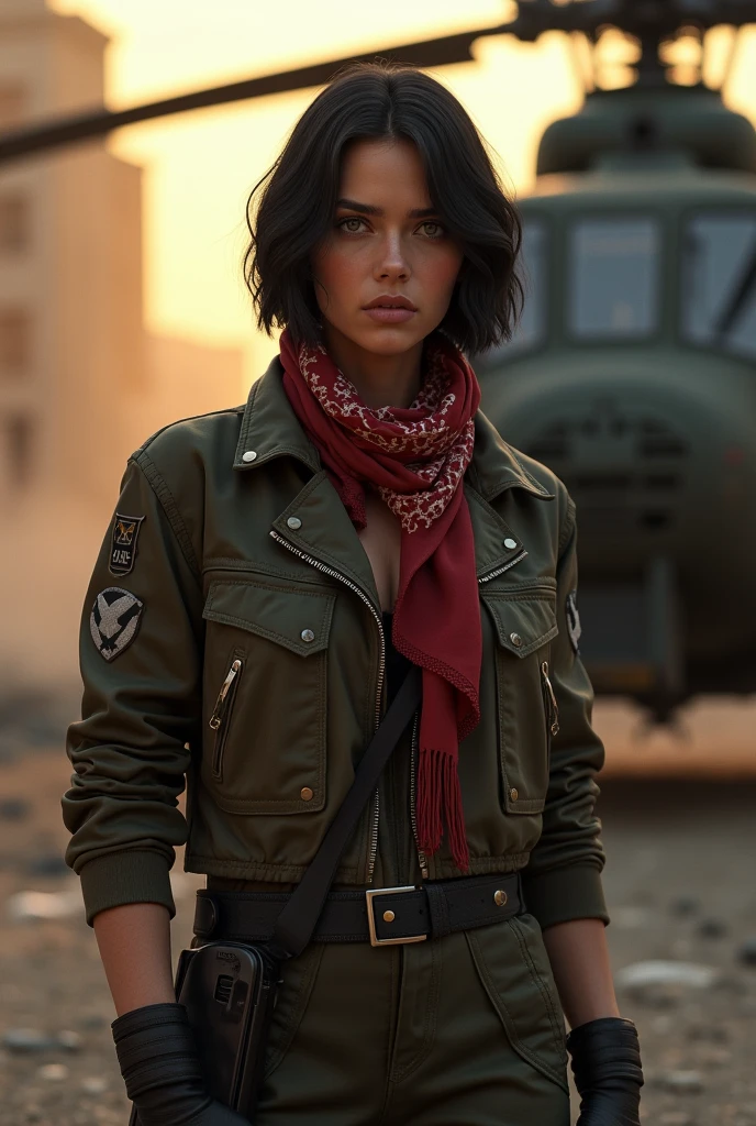 Photorealistic picture of Emma Mackey, exactly like Emma Mackey, full figure, looking directly at the viewer, wide jaw, strong chin, closeup, close-up, with light makeup, detailed eyes, black hair cut in a 'bob' style, hair framing face, serious expression, watchful, one eyebrow raised, standing beside Chinook military helicopter, ruined street, dramatic lighting, smoke, sunset, red keffiyeh, scruffy leather flying jacket, equipment belt and holster, highly detailed natural texture, master piece, absurdes, extremely detailed, astonishing, fine detail, couleurs riches, Hyper realistic texture, dramatic lighting