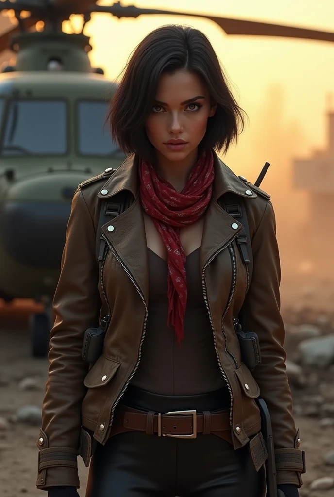 Photorealistic picture of Emma Mackey, exactly like Emma Mackey, full figure, looking directly at the viewer, wide jaw, strong chin, closeup, close-up, with light makeup, detailed eyes, black hair cut in a 'bob' style, hair framing face, serious expression, watchful, one eyebrow raised, standing beside Chinook military helicopter, ruined street, dramatic lighting, smoke, sunset, red keffiyeh, scruffy leather flying jacket, equipment belt and holster, highly detailed natural texture, master piece, absurdes, extremely detailed, astonishing, fine detail, couleurs riches, Hyper realistic texture, dramatic lighting