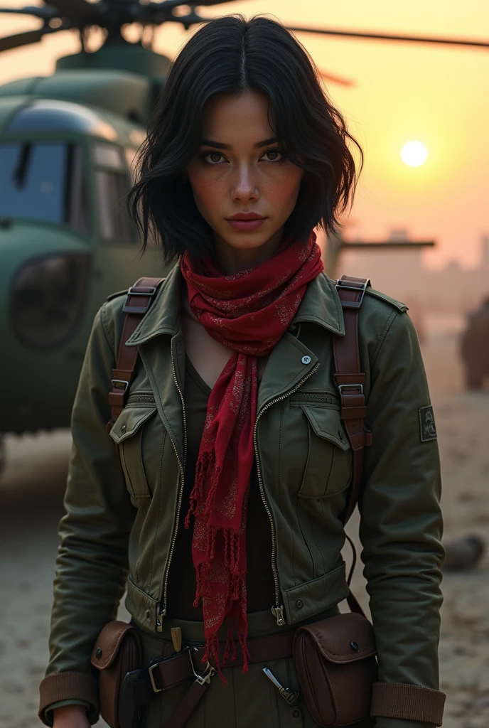 Photorealistic picture of Emma Mackey, exactly like Emma Mackey, full figure, looking directly at the viewer, wide jaw, strong chin, closeup, close-up, with light makeup, detailed eyes, black hair cut in a 'bob' style, hair framing face, serious expression, watchful, one eyebrow raised, standing beside Chinook military helicopter, ruined street, dramatic lighting, smoke, sunset, red keffiyeh, scruffy leather flying jacket, equipment belt and holster, highly detailed natural texture, master piece, absurdes, extremely detailed, astonishing, fine detail, couleurs riches, Hyper realistic texture, dramatic lighting