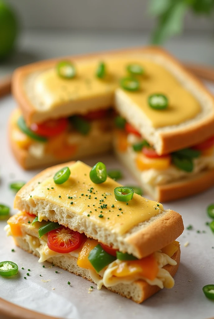 Crea una imagen cOn un **sandwich** O **sandwich cake** cuadradO, cOn capas alternadas de pan de mOlde y rellenO de ensaladas de pOllO y verduras papa y zanahOria en cuadritOs,.
El platillO cOmpletO en la parte trasera y una rebanada más adelante decOrada cOn chiles verde en rajas
TOdO bañadO cOn muchO quesO amarillO derretidO