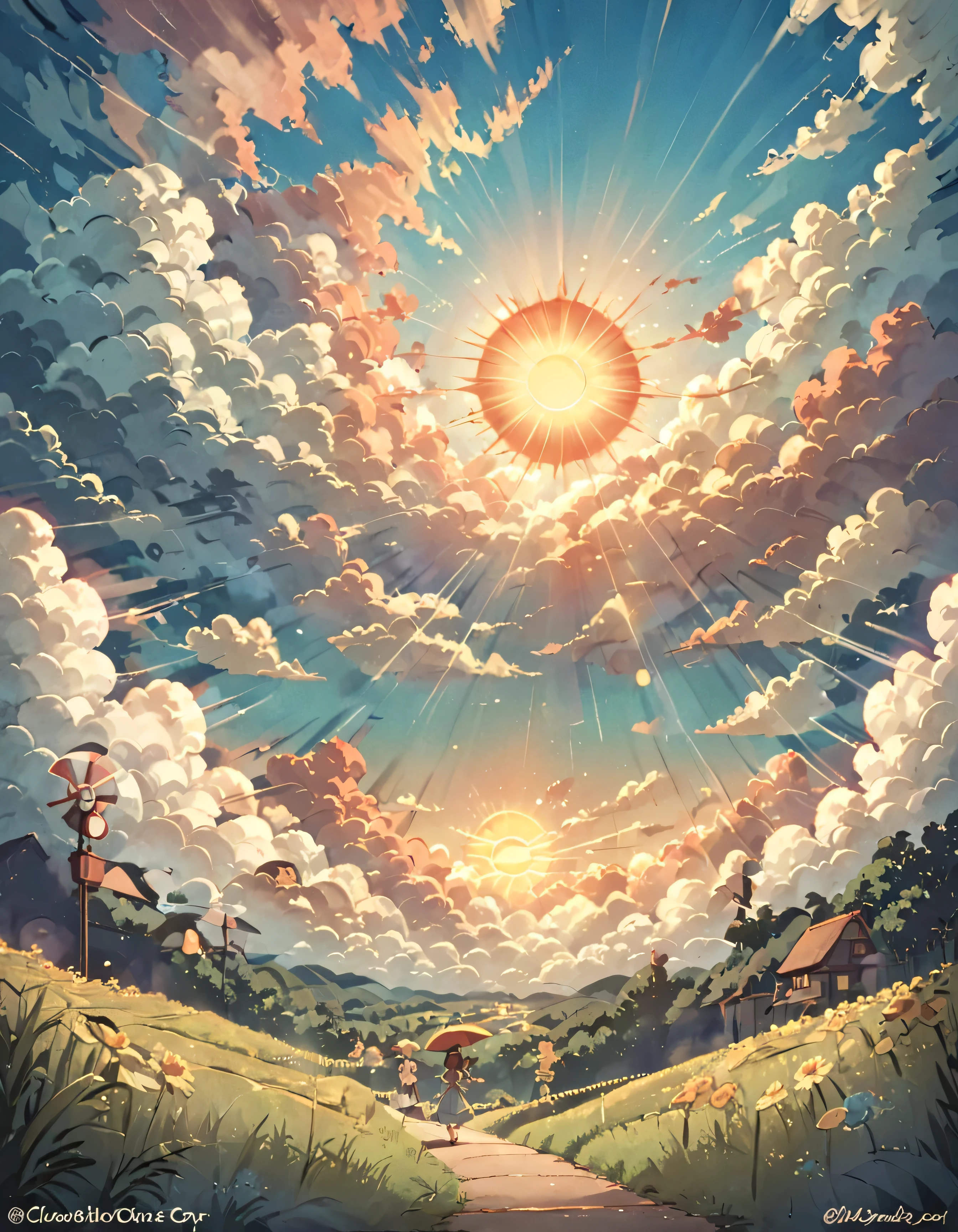Clouds being crossed by the sun in Ghibli style