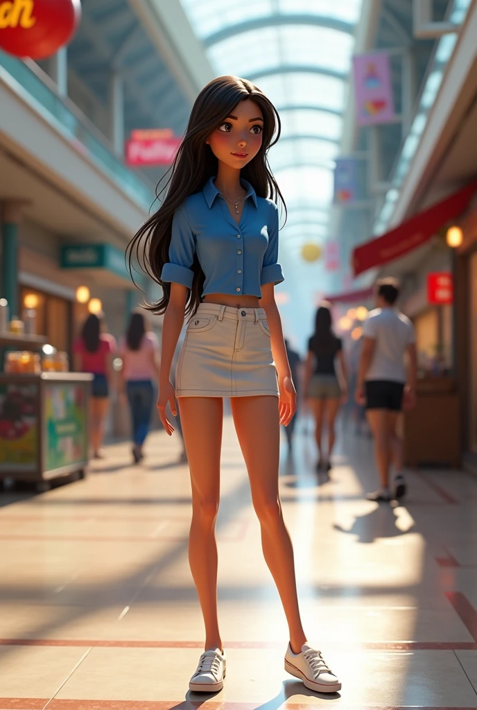 create the image of a woman, (With Violet&#39;s appearance, from the movie the incredibles) wearing a tight white skirt, shirt blue, is standing in a shopping mall, as if waiting for someone. real image style.