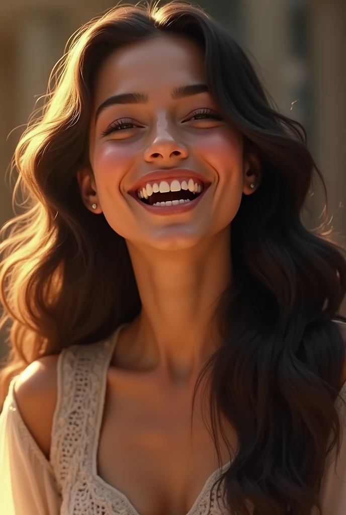 Make an image of a woman representing Esther from the Bible, very happy.