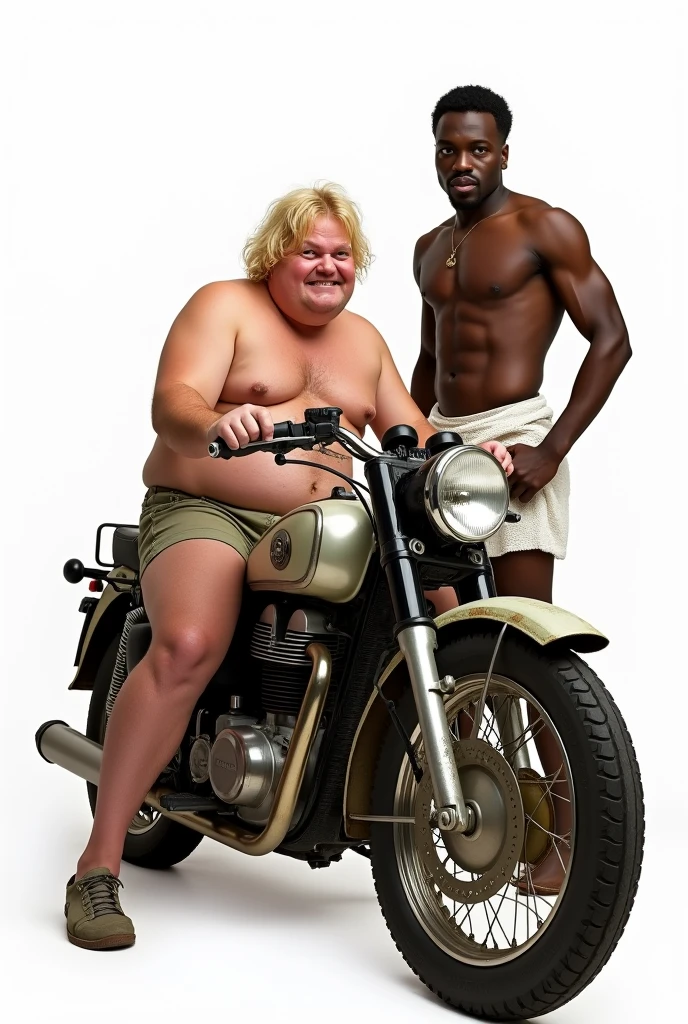 create a cover for an adult movie +18 with a white background where a chubby blond delivery boy is on top of a motorcycle with a naughty face. the bike is very old and used, and a black guy standing with just a towel around his waist 