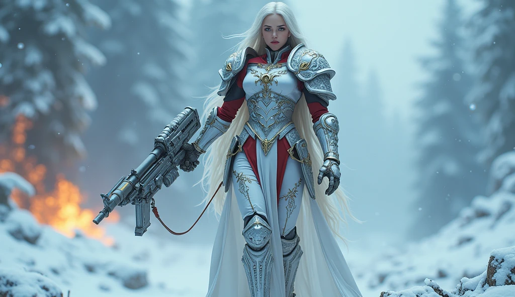 Full body pose ultra realistic photo of a beautiful woman with long platinum blonde hair, porcelain skin, ice blue eyes, sexy sisters of battle from the warhammer 40k, shooting at the enemy, frosty white and red space marine armor with intricate details, religous symbols on the armor, sisters of battle, warhammer 40k, Massive silicone breast, pale skin, seductive, temptation, eat your soul, clevage, , standing in a magical winter wonderland with snow-covered trees and frozen lakes, intricate ice crystals and snowflakes surrounding her, (best quality,4k,8k,highres,masterpiece:1.2),ultra-detailed,(realistic,photorealistic,photo-realistic:1.37),fantasy,digital art,cinematic lighting, highly detailed armor, intricate futuristic weaponry, gritty and realistic, mecha, science fiction, hyper-detailed, photorealistic, award winning digital art, 8k, HDR, masters work, in the middle of a battle field, full body combat action pose, explosions and fire around, full war, charging, running forward, attacking, stunning, Stilleto heels, high heels, full body pose, cinematic, dust and debree, combat screams, attacking, shooting at the enemy, sisters of battle, warhammer 40kdramatic color palette,frozen landscape,ice powers,snow queen