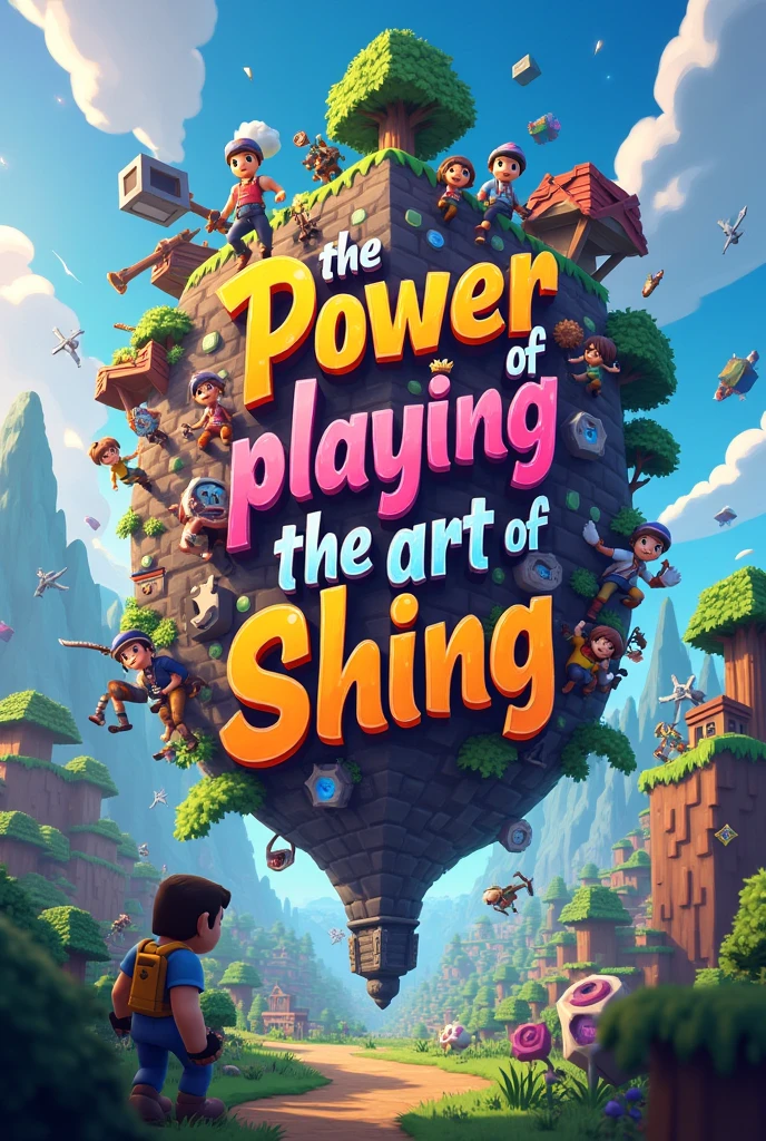 une image avec plein de références au jeu video (fortnite et minecraft) avec écrit en 1er plan au milieu the power of playing the art of shining 