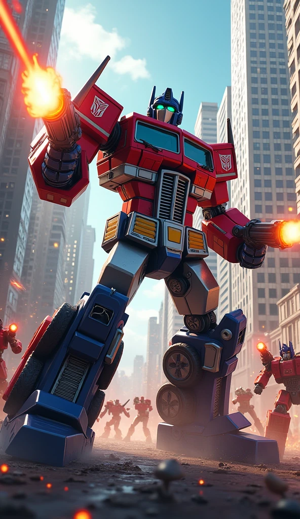 Optimis prime fighting with guns, transformers, fight in city, vibrant colour, machine gun