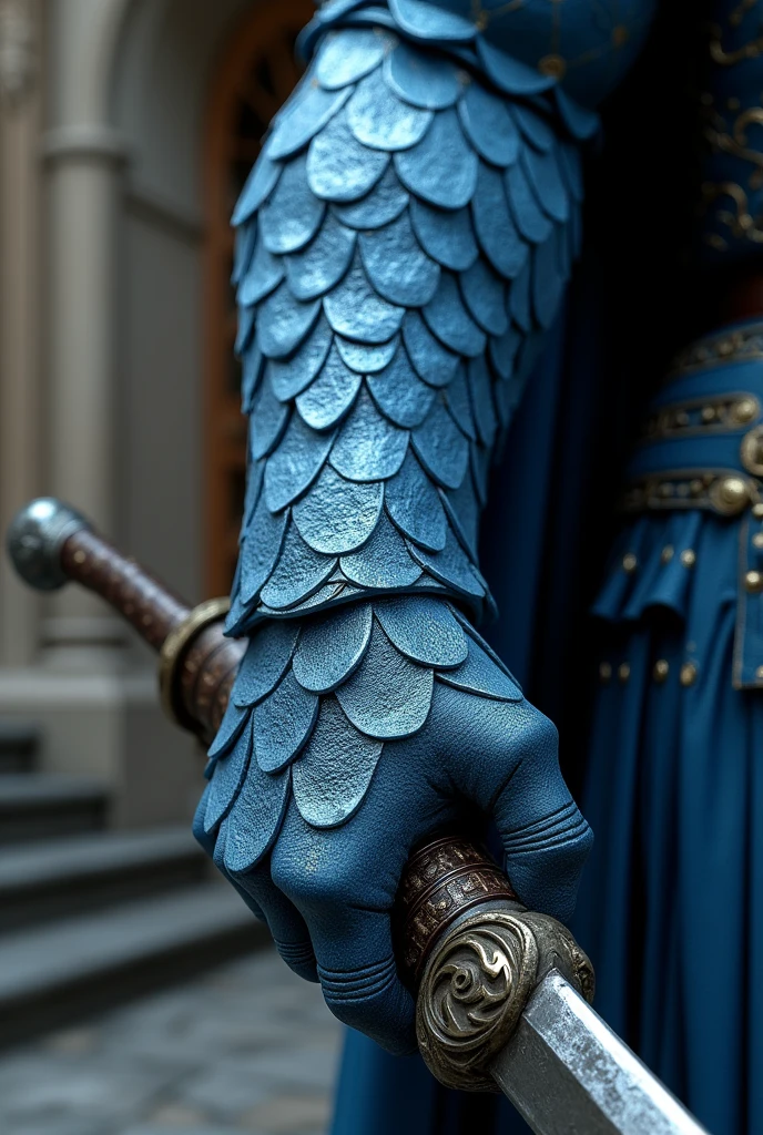 a medieval blue arm with ice-like scales, a hand-to-shoulder weapon rest, highly detailed, medieval style, shiny metal, dynamic lighting, cinematic compositing, 8k, photorealistic