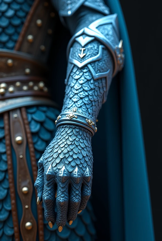 a medieval blue arm with ice-like scales, a hand-to-shoulder weapon rest, highly detailed, medieval style, shiny metal, dynamic lighting, cinematic compositing, 8k, photorealistic