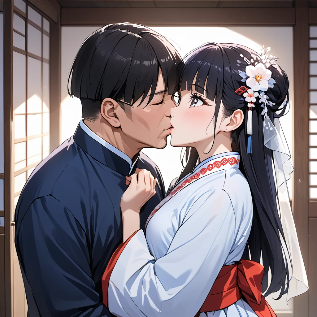 ((Highest quality)), ((masterpiece)), (detailed), （Perfect Face）、The woman is Reika Aoki with semi-long hair、The woman is wearing a North Korean traditional traditional dress and is holding a kiss and vows with a middle-aged North Korean man to get married.