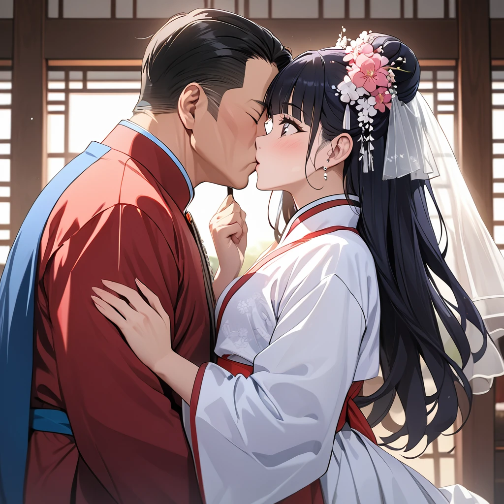 ((Highest quality)), ((masterpiece)), (detailed), （Perfect Face）、The woman is Reika Aoki with semi-long hair、The woman is wearing a North Korean traditional traditional dress and is holding a kiss and vows with a middle-aged North Korean man to get married.