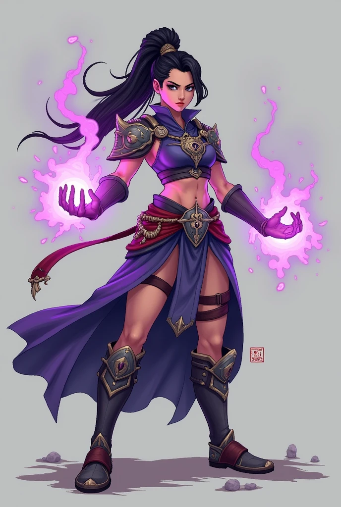 create a full body asian pixel art character ready for fight with purple magic in her hands