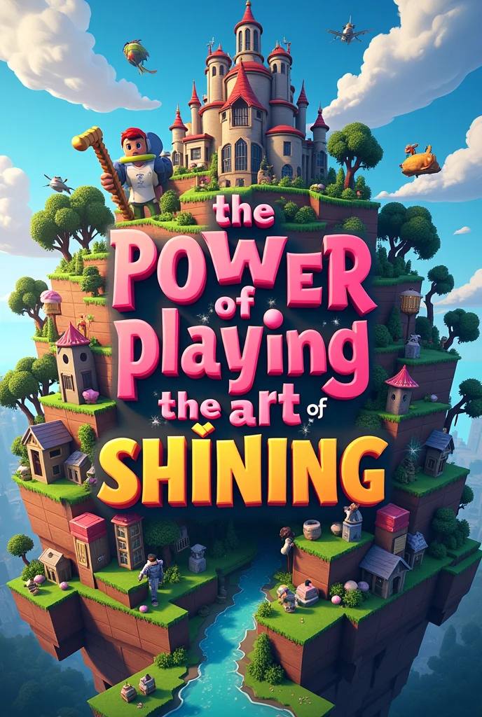 une image avec plein de références au jeu video (fortnite et minecraft) avec écrit en 1er plan au milieu the power of playing the art of shining 