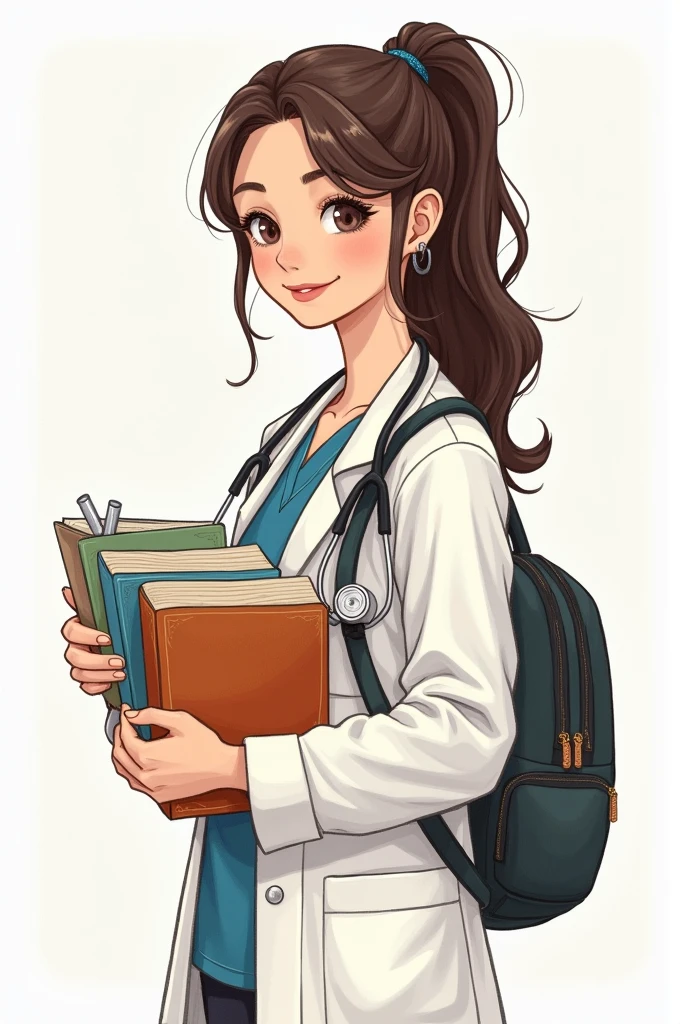 Image of a female health student with several books and notebooks in an illustrated drawing