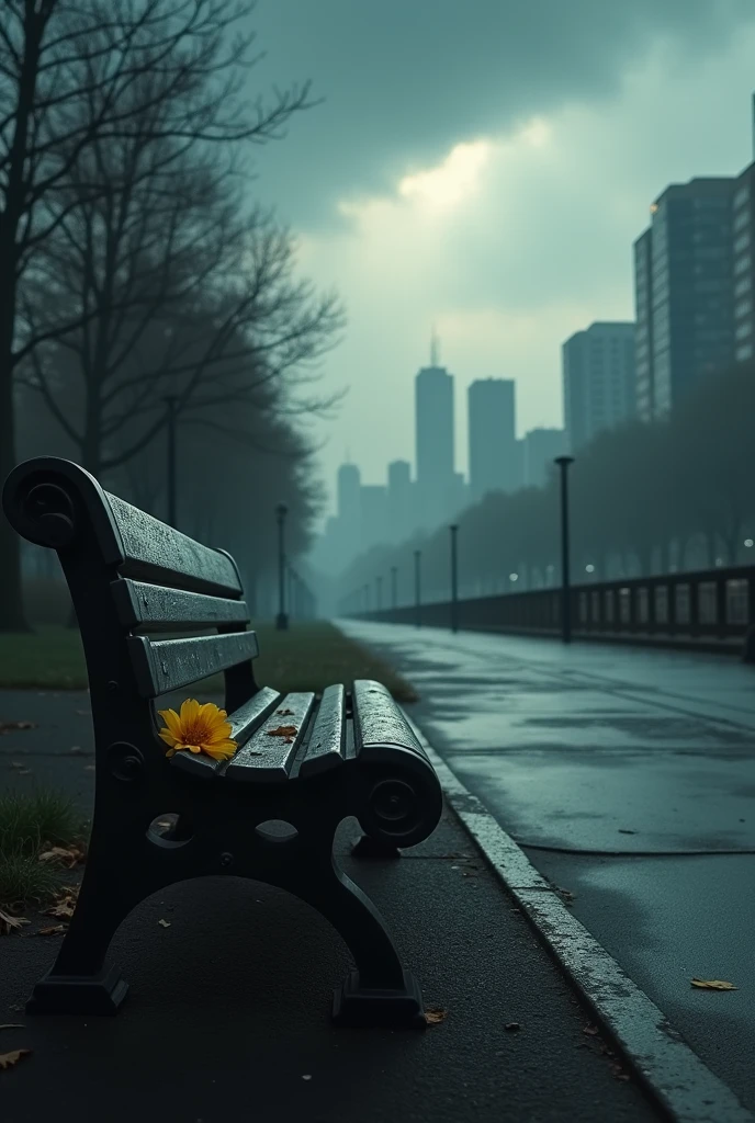 A desolate cityscape with an empty park bench in the foreground, representing loneliness and abandonment. A ray of light breaks through the dark clouds, subtly illuminating a wilted flower on the side of the bench