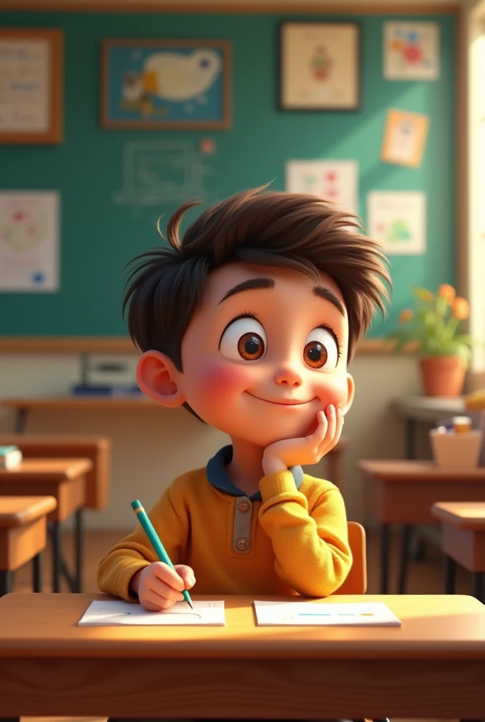 Animated boy thinking about school in his classroom