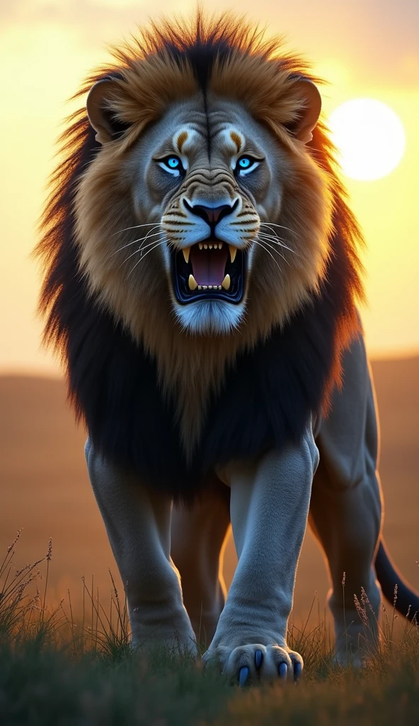 Generate an ultra realistic 8k image of a big strong blue-eyed lion