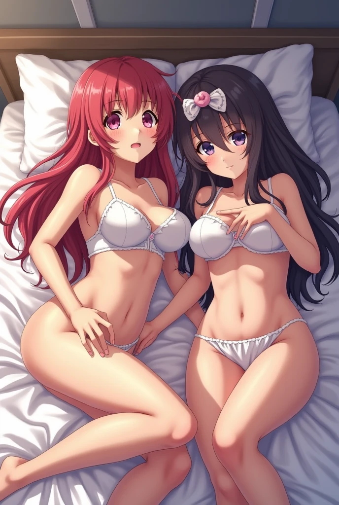 2 anime women in a bed with big tits