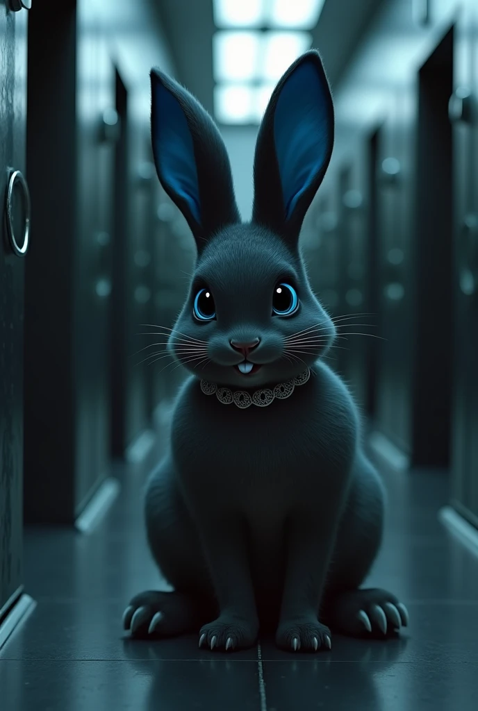 Alone, little bunny, female, dark body, Wild, Wide hips, in a reflective metal room, bright blue ears, smiling, ashamed, tail to the side, ((Focus on his legs)), looking at the viewer, SHOWING HIS TONGUE, with white tongue, beautiful dilated and detailed eyes, bright blue eyes, shiny and soft skin, with a white collar, 4 fingers de los pies, 4 fingers, dark room, extremely detailed, lying down, cinematographic, open legs