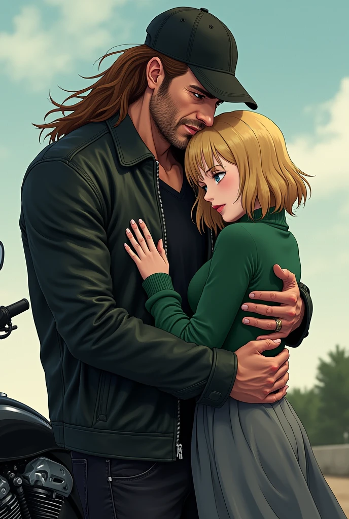 Anime tall half bald long brown hair guy, black cap, black leather jacket, black jeans, huging a young blond brade sided hair, green sweater, gray skirt standing beside a black motorcycle