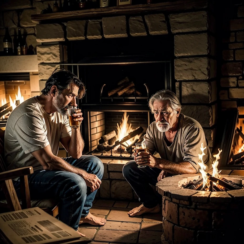 An old tropeiro sitting in front of the fire feeling the weight of age so sad the old tropeiro almost dying of longing drinking a cold beer