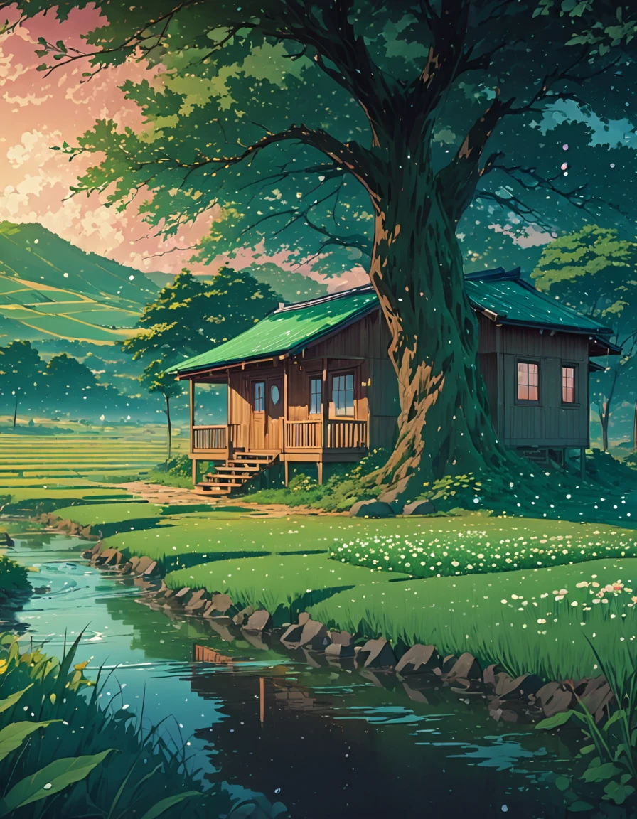 a painting of a cabin under a tree in a field, makoto shinkai cyril rolando, anime art wallpaper 4k, anime art wallpaper 4k, animated background, anime art wallpaper 8k, animated background art, anime landscape wallpaper, amazing wallpaper, hd wallpaper, 4k anime wallpaper, 4k anime wallpaper, anime countryside landscape, Highly detailed 4k digital art*The Wild Spirit bows his head, her changing features reflecting a glimmer of curiosity.*Each leaf, every drop of dew, Every beat of life in this sacred place is under my care. I am the whisper of the wind, the echo of the stream, the song of the bird. I am the very essence of this green kingdom.