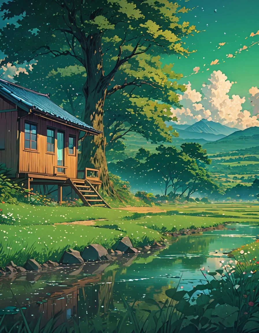 a painting of a cabin under a tree in a field, makoto shinkai cyril rolando, anime art wallpaper 4k, anime art wallpaper 4k, animated background, anime art wallpaper 8k, animated background art, anime landscape wallpaper, amazing wallpaper, hd wallpaper, 4k anime wallpaper, 4k anime wallpaper, anime countryside landscape, Highly detailed 4k digital art*The Wild Spirit bows his head, her changing features reflecting a glimmer of curiosity.*Each leaf, every drop of dew, Every beat of life in this sacred place is under my care. I am the whisper of the wind, the echo of the stream, the song of the bird. I am the very essence of this green kingdom.