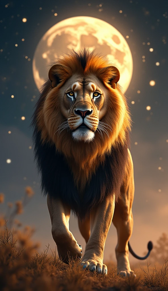 A very strong and beautiful lion with an ultra realistic 8k full hd crown on a beautiful starry night with a well-lit mother moon