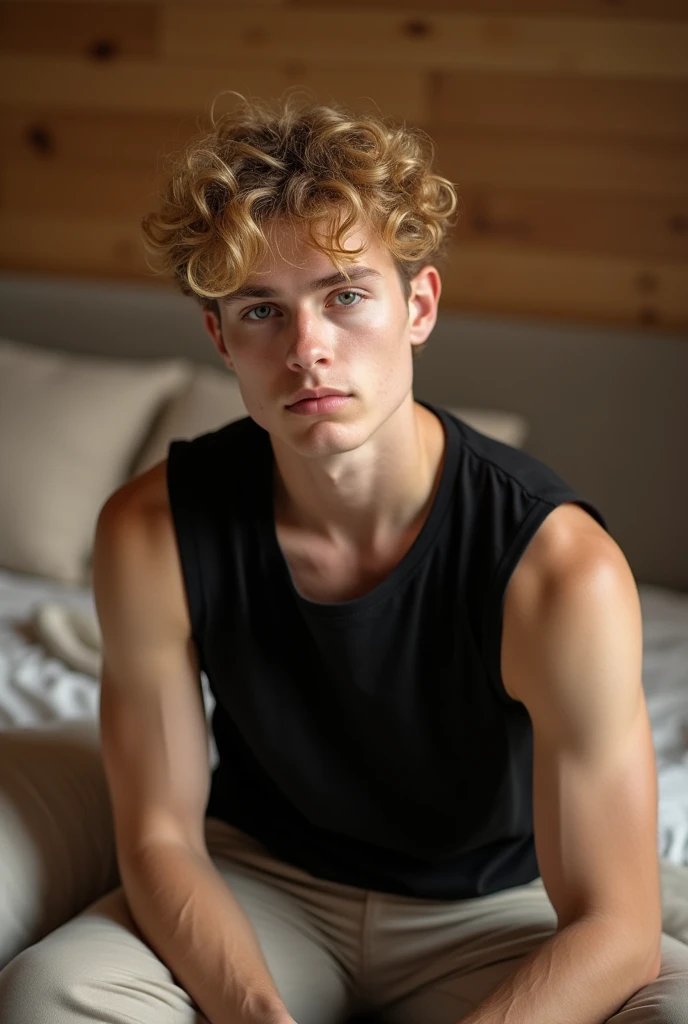 photography style, photo, realistic, of a young man with curly blond hair, sitting on a bed. He is wearing a black sleeveless t-shirt and looks a little thoughtful, with his head tilted slightly. The background is a cozy environment, with light linens and a wood tone background that suggests a peaceful environment. The lighting is soft, creating a relaxing atmosphere.