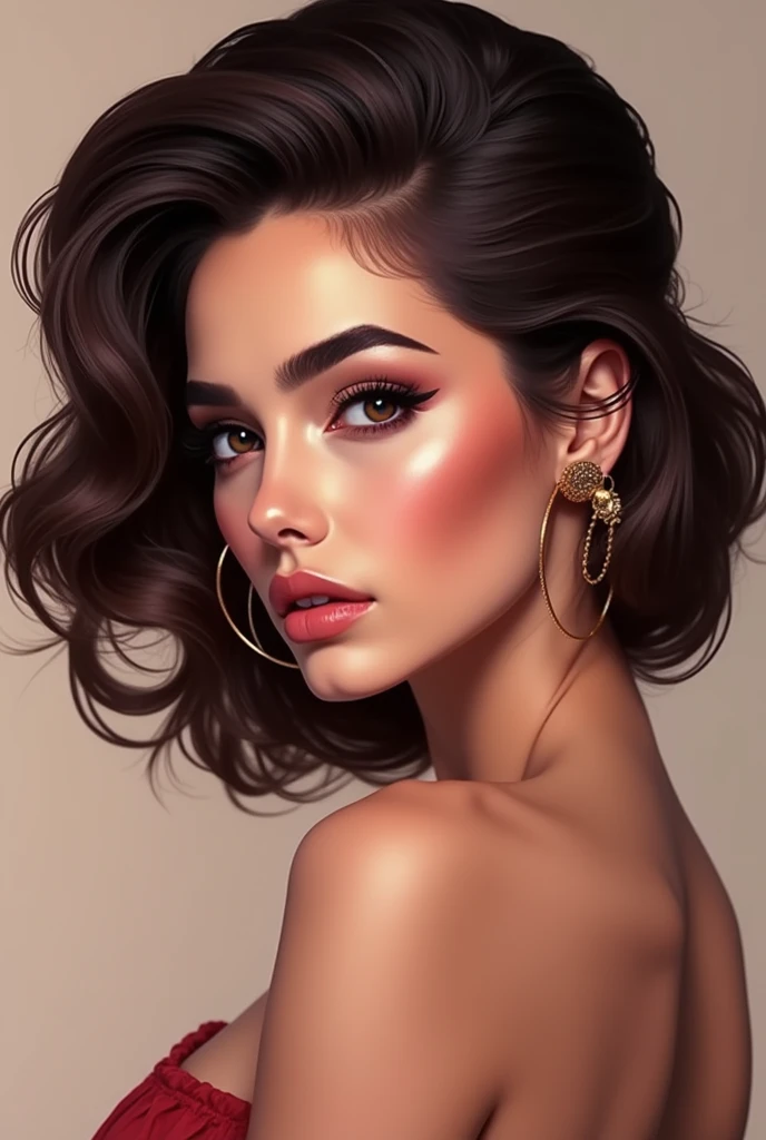 Create me a portrait of a very bimbo brunette woman with a thin Arab head