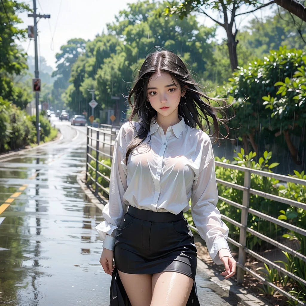 ((Top Quality, 8K, Masterpiece: 1.3)), Sharp: 1.2, Perfect Body Beauty: 1.4, Slim Abs: 1.2, ((Layered Hairstyle, Small: 1.2)), 1 person, (Wet White Button Long Shirt: 1.1), Button Not Staying, Shirt Dress, Slender Thighs, Braided Boots, Soft Clear Cloth, (Rain, Street: 1.2), Wet: 1.5, highly detailed face and skin texture, detailed eyes, double eyelids, side view camera, no underwear