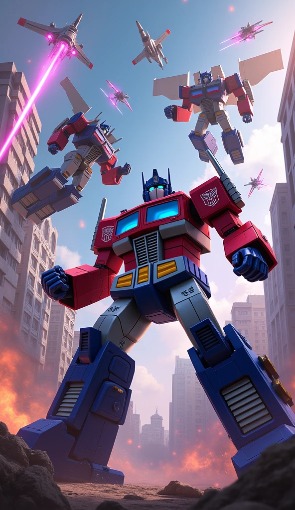 Optimis prime fighting with guns, transformers, fight in city, vibrant color, spaceships