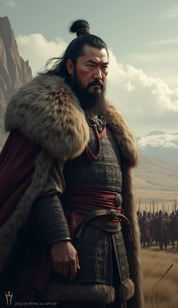 a powerful warrior, Genghis Khan, detailed portrait, dramatic lighting, intense gaze, fur cloak, horse-riding, Mongol army, vast landscapes, historical battle scene, cinematic quality, digital painting, hyper-realistic, masterfully rendered, intricate details, muted color palette, dramatic shadows.