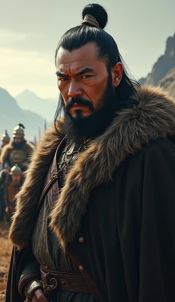 a powerful warrior, Genghis Khan, detailed portrait, dramatic lighting, intense gaze, fur cloak, horse-riding, Mongol army, vast landscapes, historical battle scene, cinematic quality, digital painting, hyper-realistic, masterfully rendered, intricate details, muted color palette, dramatic shadows.