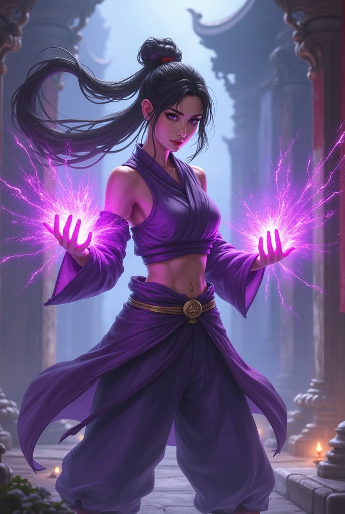 create a full body asian character ready for fight with purple magic in hands in pixel art
