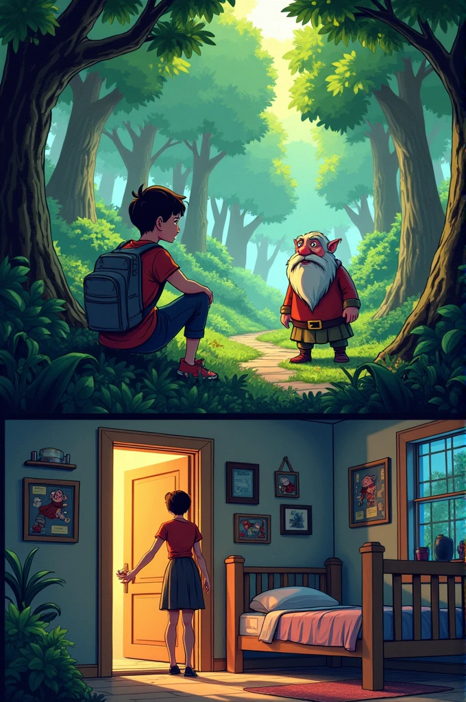 Make an image of a comic book of someone playing a forest exploration game on the computer that has a dwarf, and in the second frame his mother at the door calling him for dinner