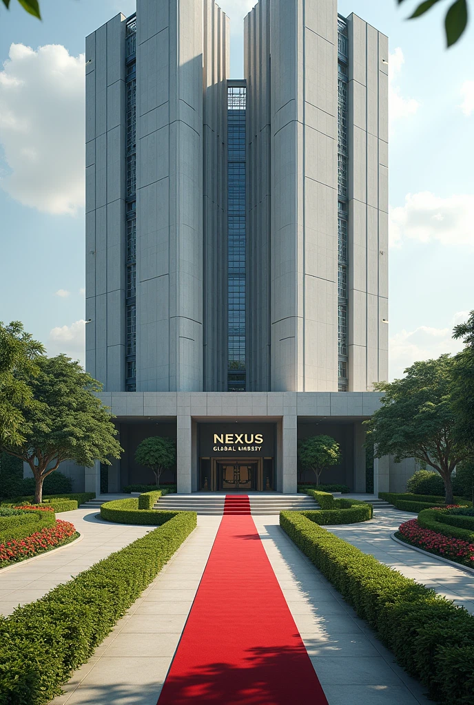 Create a very big headquarters with Singaporean architecture.The compound has grass,tarmac road and Flowers only.Nexus Global Embassy exposed on the building concrete and red carpets on the entrance