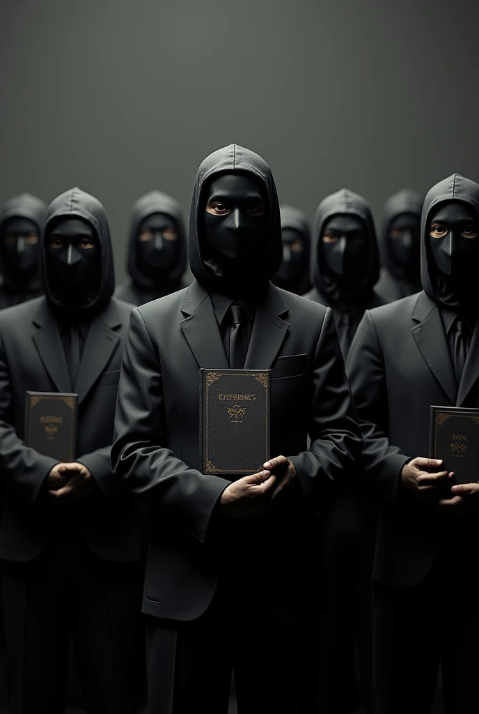 10 men in suits and with their faces covered by masks standing side by side holding a bible with a light dark background