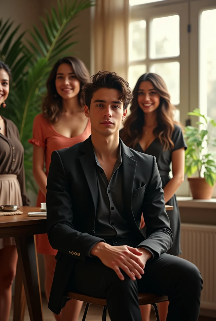 (photorealism:1.2), smart boy stylish , sitting on the disining chair, wearing black jacket, black pants, curly hair, indoors, soft lighting, plants in background, window with sunlight, cozy room and three beautiful girls standing behind with smiling face