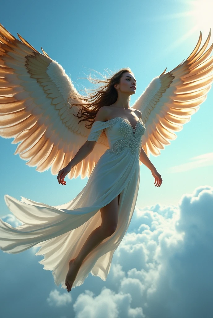 Very beautiful woman with bewitching beauty with two beautiful eagle wings. She flies