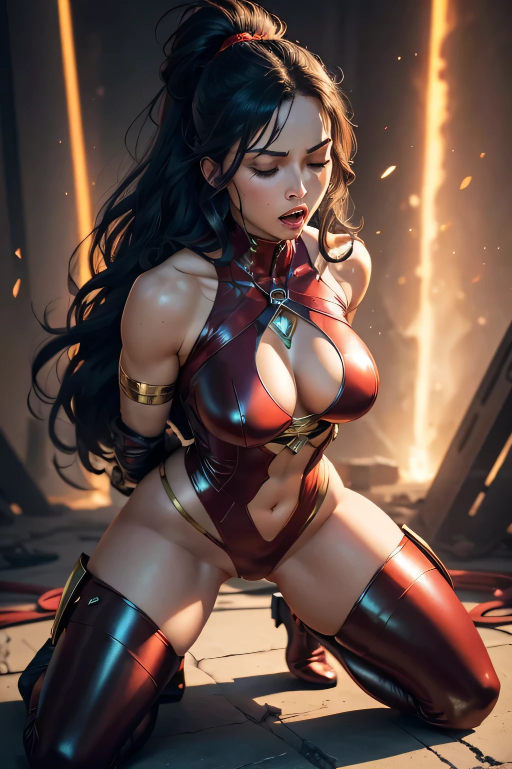 full body shot, from back, dramatic angle, superheroine, named crimson bullet. but she is defeated by enemies and captured them, ((now, she is whipped)), she is kneeling, her eyes closed, helpless, humiliating, regrettable, she remains tied up, ((rough rope wrapped around chest tighten up2.5)), static restrained, ((arms behind back 2.5)), ((screaming in pain)), full body shot, in underground base, she wears a form-fitting red bodysuit (sleeveless) that accentuates her athletic figure. The bodysuit has gold accents, a star emblem on the chest, and intricate designs on the shoulders, hips, and thighs. The suit's material has a metallic sheen that reflects the surrounding light, emphasizing the futuristic theme. Her hair is shiny black and very long has well-groomed waves. She wears long red metallic gloves and matching thigh-high boots, both decorated with gold trim. A futuristic gauntlet is worn on her right arm